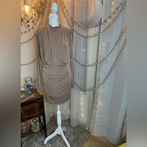 HYFVE Metallic Tan Ruched Blouson Dress